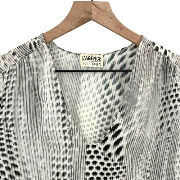 L’Agence x Intermix Blouse Long Sleeve Silky V-Neck Mixed Print Black Ivory | 0 - Picture 3 of 10